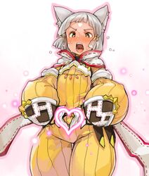  animal_humanoid biped blush bodily_fluids bottomwear cat_humanoid clothed clothing felid felid_humanoid feline feline_humanoid female flat_chested front_view fully_clothed gesture grey_hair hair heart_symbol himazin88 humanoid light_body light_skin looking_at_viewer mammal mammal_humanoid monotone_hair nia_(xenoblade) open_mouth ribbed_clothing short_hair silver_hair simple_background solo standing sweat sweatdrop thigh_gap tongue topwear white_background wide_hips xenoblade_(series) xenoblade_chronicles xenoblade_chronicles_2 yellow_bottomwear yellow_clothing yellow_eyes yellow_topwear 