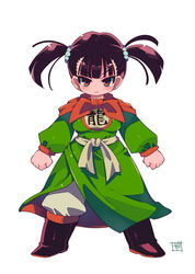  blush boots breasts brown_eyes brown_hair closed_mouth dragon_quest dragon_quest_iii female fighter_(dq3) full_body grey_pants hair_bobbles hair_ornament highres long_sleeves looking_at_viewer medium_breasts medium_hair neckerchief orange_neckerchief pants signature simple_background solo twintails white_background zankuro 