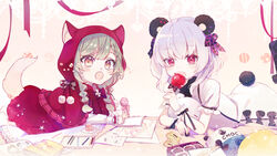  2girls :o animal_ear_fluff animal_ears animal_hood argyle_clothes argyle_legwear blush bow braid brown_eyes brown_hair candy candy_apple capelet child&#039;s_drawing commentary_request dress food frilled_skirt frills hair_between_eyes hair_bobbles hair_ornament highres holding holding_candy holding_food holding_lollipop hood hood_up hooded_capelet lolicon lollipop long_hair long_sleeves looking_at_viewer lying macaron multiple_girls oerba_yun_fang on_stomach open_mouth original panda_ears panda_girl panda_tail photo_album red_bow red_capelet red_eyes red_ribbon red_skirt ribbon short_sleeves skirt sleeves_past_wrists socks tail tail_raised twin_braids white_dress white_hair wrist_cuffs yuizayomiya 