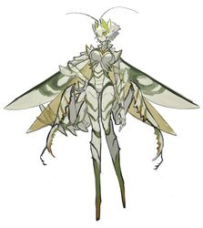  antennae arthropod_girl arthropod_limbs carapace closed_mouth colored_sclera colored_skin extra_arms female full_body green_pupils green_sclera green_skin hair_between_eyes hand_on_own_hip highres horns insect_wings looking_at_viewer mantis_girl monster_girl multicolored_skin no_feet original ruteko_(ruko220) short_hair simple_background solo standing twitter_username white_background white_hair white_skin wings yellow_eyes yellow_skin 