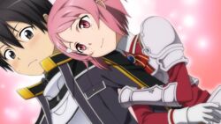  1boy arm_hug armor blush female freckles game_cg highres kirito lisbeth_(sao) non-web_source pink_hair short_hair simple_background sword_art_online sword_art_online:_hollow_fragment 