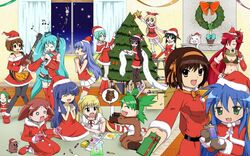  6+girls :o anger_vein animal_ears aqua_hair ayasaki_hayate azumanga_daiou beamed_sixteenth_notes black_eyes black_hair blonde_hair blue_bow blue_hair blunt_bangs boota_(ttgl) boots bow box breasts brown_eyes brown_hair cameo cathead chibi chimney christmas christmas_ornaments christmas_tree churuya clapping cleavage closed_eyes commentary cracker crayon crossover cup curtains deer_ears drawing drinking eighth_note english_commentary eureka_(eureka_seven) eureka_seven eureka_seven_(series) food furude_rika geoffheaven gift gloves green_eyes green_hair grey_eyes guitar hair_ornament hairband hairbow hairclip hanyuu happy hat hatsune_miku hayate_no_gotoku! headset highres higurashi_no_naku_koro_ni hirasawa_yui holding instrument izumi_konata jpeg_artifacts k-on! kannagi koiwai_yotsuba long_hair looking_at_another looking_at_viewer lucky_star md5_mismatch medium_breasts meme mesousa microphone mihama_chiyo mihama_chiyo&#039;s_father mole mole_under_eye multiple_crossover multiple_girls music musical_note nagi_(kannagi) nyamou one_eye_closed open_mouth orange_bow own_hands_clasped own_hands_together pani_poni_dash! pantyhose parted_bangs party_popper pedobear playing_instrument purple_eyes quarter_note rebecca_miyamoto red_bow red_hair rope santa_costume sanzen&#039;in_nagi school_rumble shakugan_no_shana shana short_hair sidelocks singing skirt smile speech_bubble spring_onion star_(sky) star_(symbol) suzumiya_haruhi suzumiya_haruhi_no_yuuutsu sweatdrop swept_bangs tadakichi-san tengen_toppa_gurren_lagann thighhighs tsukamoto_tenma tsuruya twintails very_long_hair vocaloid watermark window wreath yellow_eyes yoko_littner yotsubato! zettai_ryouiki 