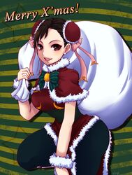  brown_eyes brown_hair capcom christmas chun-li double_bun double_buns ear earrings female female fur_trim highres hips jewelry looking_at_viewer open_mouth sack siro_(hue_white) smile solo street_fighter street_fighter_ii teeth tongue wide_hips 