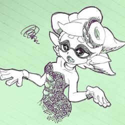  choker commentary_request crosshatching dress earrings fangs female gloves hatching_(texture) inkling jewelry lined_paper marie_(splatoon) mixed_media monochrome ni_hoshi object_on_head open_mouth pointy_ears short_hair solo splatoon_(series) splatoon_1 squiggle strapless strapless_dress upper_body 