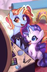  2016 amber_eyes blue_body blue_eyes blue_fur clothed clothing cutie_mark duo equid equine female feral friendship_is_magic fur furniture hair hasbro hi_res horn inside magic makeup mammal mirror multicolored_hair my_little_pony mythological_creature mythological_equine mythology open_mouth purple_hair rarity_(mlp) sassy_saddles_(mlp) smile table two_tone_hair unicorn valcron white_body white_fur 