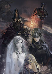  2boys 3girls abyss_watcher armor blue_eyes circlet commentary company_captain_yorshka dark_souls_(series) dark_souls_iii dutch_angle fire fire_keeper forest grey_hair hat helmet highres lips liyou-ryon long_hair multiple_boys multiple_girls nature pale_skin photoshop_(medium) sirris_of_the_sunless_realms soul_of_cinder vambraces veil white_hair 