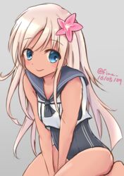  blonde_hair blue_eyes blush crop_top dated fino flower hair_flower hair_ornament kantai_collection one-piece_swimsuit one-piece_tan ro-500_(kantai_collection) simple_background swimsuit tan twitter_username 