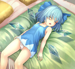  adworse bangs bare_arms bare_legs bare_shoulders blue_bow blue_dress blue_hair blue_wings bow cirno closed_eyes collarbone dress eyebrows_visible_through_hair female hairbow highres ice ice_wings indoors lying on_back on_bed open_mouth panties pantyshot pantyshot_(lying) pillow short_dress short_hair sleeping solo touhou underwear white_panties wings 