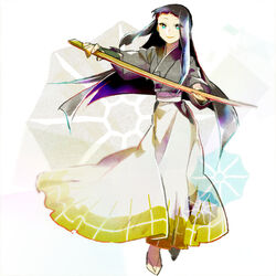  aqua_eyes black_hair bokken commentary_request female fingerless_gloves full_body gloves holding holding_sword holding_weapon japanese_clothes katanagatari kiguchi_zanki kimono long_hair long_skirt reirou_(re16ko89) sandals skirt smile solo standing sword weapon wooden_sword 