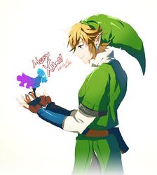  1boy 2013 bad_id bad_link bad_twitter_id blonde_hair blue_eyes blue_hair cape christmas earrings female fi_(zelda) gloves hat jewelry link muse_(rainforest) pantyhose pointy_ears short_hair smile the_legend_of_zelda the_legend_of_zelda:_skyward_sword 