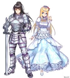  2girls aken arm_at_side armor armored_boots black_hair blue_eyes blunt_bangs boots breastplate breasts circlet closed_mouth commentary_request couter crown cuisses detached_sleeves dress elbow_pads faulds flower frilled_dress frilled_sleeves frills full_body gauntlets greaves hair_flower hair_ornament hand_on_hilt hand_on_own_hip holding holding_sword holding_weapon legs_apart long_dress long_hair looking_at_another looking_to_the_side medium_breasts multiple_girls narberal_gamma overlord_(maruyama) partial_commentary patterned pauldrons petticoat planted planted_sword plate_armor ponytail puffy_short_sleeves puffy_sleeves red_flower renner_theiere_chardelon_ryle_vaiself rondel shoes short_sleeves shoulder_armor sideways_glance simple_background smile standing star_(symbol) sword tiara twitter_username two-handed_sword weapon white_background white_dress white_flower white_footwear 