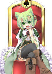  animal_ears cat_ears cat_tail club_(shape) commentary_request diamond_(shape) dodome-iro_mayonnaise female green_eyes green_hair heart open_mouth original sharon_(dodomayo) short_hair solo spade_(shape) tail thighhighs 