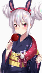  animal_ears azur_lane blue_kimono blush candy_apple closed_mouth commentary_request double_bun female floral_print food grey_background hair_between_eyes hair_bun hairband highres holding holding_food japanese_clothes kimono kohakope laffey_(azur_lane) laffey_(snow_rabbit_and_candy_apple)_(azur_lane) long_sleeves obi official_alternate_costume pinching_sleeves print_kimono rabbit_ears red_eyes red_hairband sash sidelocks smile solo upper_body white_hair wide_sleeves 