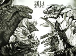  2014 anguirus bad_id bad_pixiv_id baragon_(godzilla) english_text gabara gigan godzilla godzilla_(series) godzilla_vs._mechagodzilla godzilla_vs_megalon hedorah kaijuu king_caesar king_ghidorah kusagami_style mechagodzilla megalon monochrome monster mothra no_humans open_mouth orga_(godzilla) rodan sharp_teeth teeth varan 