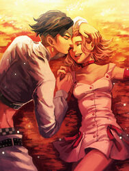  1boy arm_warmers bad_id bad_pixiv_id black_hair brown_hair choker closed_eyes crop_top dress earrings female grass green_nails headband highres jewelry jojo_no_kimyou_na_bouken kishibe_rohan kissing kissing_eye kisw2010 lying nail_polish on_back photoshop_(medium) pink_dress red_nails ribbon smile straight sugimoto_reimi sunlight 