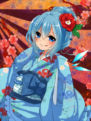  :q alternate_hairstyle blue_eyes blue_hair blue_kimono camellia cirno commentary_request female flower hair_flower hair_ornament highres japanese_clothes kimono negiko solo tongue tongue_out touhou 