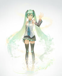  aqua_eyes aqua_hair bad_id bad_pixiv_id bare_shoulders black_thighhighs bryanth detached_sleeves dissolving female hair_ornament hatsune_miku highres long_hair long_sleeves looking_at_viewer necktie photoshop_(medium) shirt skirt solo tattoo tears thighhighs twintails very_long_hair vocaloid waving zettai_ryouiki 