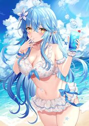  absurdres ahoge bad_id bad_twitter_id beach bikini bikini_skirt blue_bow blue_hair blue_sky blush bow bracelet braid breasts cherry cloud colored_tips cup daifuku_(yukihana_lamy) day drink drinking_glass female flower food frilled_bikini frills fruit hair_flower hair_ornament half_updo hand_up heart heart_ahoge highres holding holding_cup holding_drink hololive hololive_summer_2022_swimsuit ice ice_cube jewelry large_breasts long_hair multicolored_hair ocean outdoors pointy_ears retsuto revision side_braid sky solo streaked_hair sunlight swimsuit thighs very_long_hair virtual_youtuber white_flower wristband yellow_eyes yukihana_lamy 