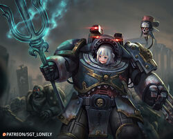  3boys :d adeptus_astartes armor artist_name banner blood blood_on_face blood_on_weapon bloop_(gawr_gura) blue_eyes carcharodons claw_(weapon) english_commentary female fish_bone gawr_gura glowing glowing_weapon grey_hair gun hair_ornament hololive hololive_english multicolored_hair multiple_boys open_mouth ornate patreon_logo patreon_username pauldrons polearm power_armor power_fist ribbon servo-skull sgt_lonely shark_girl shark_hair_ornament sharp_teeth shoulder_armor skull smile solo_focus streaked_hair teeth terminator_armor trident tyberos_the_red_wake virtual_youtuber warhammer_40k weapon 