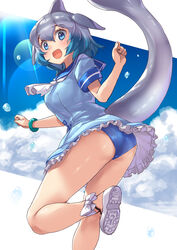  :d anchor_symbol ankle_ribbon ascot ass bare_arms bare_legs blowhole blue_dress blue_eyes blue_hair blue_panties blue_sky cetacean_tail cloud collared_dress commentary_request common_bottlenose_dolphin_(kemono_friends) day dorsal_fin dress female fins fish_tail foot_out_of_frame frilled_dress frills gradient_hair grey_hair hair_between_eyes hands_up head_fins highres kemono_friends kemono_friends_2 leg_ribbon looking_at_viewer medium_hair multicolored_hair open_mouth panties ribbon sailor_collar sailor_dress shoe_soles shoes short_dress short_hair short_sleeves sky smile solo sunlight tadano_magu tail tail_through_clothes twisted_torso two-tone_hair underwear white_ascot 