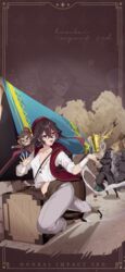  3boys abu_(aladdin) aladdin_(character) aladdin_(honkai_impact) animal animal_on_shoulder apple arabian_clothes bag box breasts brown_background brown_hair chasing copyright_name crate english_text female food fruit full_body highres holding holding_sword holding_weapon honkai_(series) honkai_impact_3rd looking_ahead looking_back monkey multicolored_hair multiple_boys navel official_art official_wallpaper open_hand open_mouth pointing pointing_forward red_headwear rule_63 running small_breasts sparkle streaked_hair sword teeth theft treasure upper_teeth_only v-shaped_eyebrows watermelon weapon 