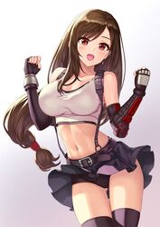  arm_guards armor ass_visible_through_thighs bare_shoulders belt black_panties black_skirt black_thighhighs blush breasts brown_hair cameltoe cleavage clenched_hands collarbone commentary crop_top earrings elbow_gloves female final_fantasy final_fantasy_vii final_fantasy_vii_remake fingerless_gloves gloves gradient_background hamahama hands_up highres jewelry long_hair looking_at_viewer low-tied_long_hair midriff miniskirt navel open_mouth panties red_eyes simple_background skirt smile solo stomach suspender_skirt suspenders tank_top teardrop_earrings thighhighs thighs tifa_lockhart underwear white_background 