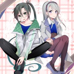  2girls :d amagiri_(kancolle) amagiri_kai_ni_(kancolle) anchor asymmetrical_bangs black-framed_eyewear black_footwear black_legwear blue_shirt blue_skirt collarbone flats full_body glasses green_shorts grey_eyes grey_hair hair_between_eyes hairband high_heels highres jacket kantai_collection long_hair looking_at_viewer multiple_girls official_alternate_costume open_mouth pantyhose ponytail pumps purple_eyes purple_hairband purple_legwear sagiri_(kancolle) shirt shoes shorts sitting skirt smile sneakers swept_bangs tareme thighhighs tsurime very_long_hair white_jacket white_shirt yunamaro 