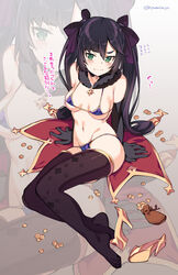  @_@ adapted_costume arm_support bare_shoulders bikini black_choker black_gloves black_thighhighs blush bow choker closed_mouth coin crying crying_with_eyes_open elbow_gloves embarrassed female flying_sweatdrops frown full_body fur_collar genshin_impact gloves green_eyes hairbow high_heels highres looking_at_viewer micro_bikini mona_(genshin_impact) navel no_headwear no_shoes print_thighhighs purple_bikini purple_bow purple_hair sack shoes sitting solo sparkle_print stomach super_zombie swimsuit tears thighhighs translation_request twintails twitter_username unworn_shoes v-shaped_eyebrows yellow_footwear zoom_layer 