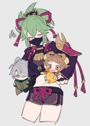  &gt;_&lt; 1boy 2girls :3 aged_down alhaitham_(genshin_impact) aqua_eyes black_mask blush book brown_eyes brown_hair carrying carrying_person carrying_under_arm chibi closed_eyes cropped_jacket do_m_kaeru genshin_impact green_hair grey_background grey_hair hair_over_one_eye holding holding_book jacket kuki_shinobu mask mouth_mask multiple_girls navel ninja ninja_mask one_eye_covered open_mouth ponytail purple_jacket reading short_shorts shorts simple_background smile stomach sweatdrop x3 yaoyao_(genshin_impact) yuegui_(genshin_impact) 