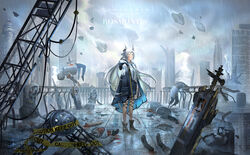  6+others absurdres ambiguous_gender animal_ears arknights artist_name black_footwear black_gloves black_pants black_ribbon blood blood_from_eyes blood_from_mouth blood_on_clothes blood_on_face blue_coat blue_hair boots building bulletproof_vest cat_ears cat_tail caution_tape character_name city cityscape cloud cloudy_sky coat commentary corpse crane_(machine) cross-laced_footwear crystal cuts english_commentary eyelashes female gloves green_eyes grey_coat highres hood hood_down hood_up hooded_coat impaled injury keep_out ladder leg_ribbon lightning long_hair looking_up lumin_aria mask md5_mismatch meteor multiple_others open_clothes open_coat outdoors pants parted_lips railing rain reunion_soldier_(arknights) rhodes_island_logo_(arknights) ribbon rooftop rosmontis_(arknights) severed_arm severed_leg severed_limb sidelocks sky skyscraper tail very_long_hair 