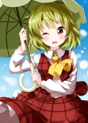  ascot blue_sky collared_shirt commentary_request cowboy_shot day female frilled_skirt frills green_hair green_umbrella highres holding holding_umbrella kazami_yuuka light_particles long_sleeves looking_at_viewer looking_to_the_side medium_hair one_eye_closed open_mouth outdoors plaid plaid_skirt plaid_vest red_eyes red_skirt red_vest ruu_(tksymkw) shirt skirt sky smile solo standing touhou umbrella vest white_shirt yellow_ascot 