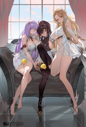  3girls arm_around_waist azur_lane bare_legs bare_shoulders barefoot black_thighhighs blonde_hair blue_eyes blunt_bangs breasts brest_(azur_lane) brown_eyes brown_hair cleavage commentary_request couch curtains dm_(dai_miao) dress elf feet full_body hair_over_one_eye harbin_(azur_lane) highres large_breasts legs long_hair looking_at_viewer manjuu_(azur_lane) multiple_girls no_shoes on_couch parted_lips plymouth_(azur_lane) pointy_ears ponytail purple_eyes purple_hair shoes sideboob single_shoe sitting thighhighs toes very_long_hair white_dress window 