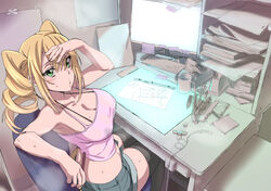  absurdres animation_paper_(object) animator bare_shoulders black_thighhighs blonde_hair breasts brush camisole chair coffee_mug commentary_request computer computer_keyboard crop_top cup desk drawing drawing_equipment drill_hair earbuds earphones female from_above green_shorts hair_between_eyes hand_on_own_head highres holding holding_pencil hot large_breasts light_blush light_box looking_at_viewer looking_up midriff monitor mug office_chair open_fly original paper_stack paperclip peg_bar pencil pencil_skirt pink_shirt pursed_lips qumata raised_eyebrows shirt short_shorts shorts sitting skirt solo spaghetti_strap sticky_note sweat swivel_chair tape tape_dispenser thighhighs twin_drills unbuttoned wet wet_clothes wet_shirt 