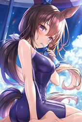  admire_vega_(umamusume) animal_ears arm_at_side ass bad_id bad_pixiv_id bare_arms bare_shoulders barefoot beach_umbrella blue_one-piece_swimsuit blue_sky blush bottle breasts brown_hair brown_tail cloud commentary_request competition_school_swimsuit day double-parted_bangs drink drinking drinking_straw drinking_straw_in_mouth ear_covers female floating_hair from_side hair_between_eyes hair_ribbon head_tilt highres holding holding_bottle holding_drink horse_ears horse_girl horse_tail lens_flare light_particles long_hair looking_at_viewer looking_back low_ponytail medium_bangs medium_breasts official_alternate_costume one-piece_swimsuit outdoors pink_eyes plastic_bottle ponytail red_umbrella ribbon school_swimsuit single_ear_cover single_vertical_stripe sitting sky solo sweat swimsuit tail tail_through_clothes tomo_(tmtm_mf_mf) tracen_swimsuit twisted_torso umamusume umbrella under_umbrella wariza white_ribbon white_umbrella 