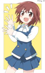  absurdres bad_id bad_pixiv_id blue_skirt blue_vest blush border brown_eyes brown_hair collared_shirt commentary cowboy_shot cynical_(llcbluckg_c004) female hands_up highres inokuma_youko kin-iro_mosaic long_sleeves looking_at_viewer moegi_high_school_uniform notice_lines oerba_yun_fang open_mouth outside_border pleated_skirt school_uniform shirt short_hair simple_background skirt smile solo standing twitter_username vest white_border white_shirt yellow_background 