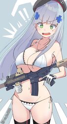  ! !! absurdres assault_rifle beret black_gloves black_headwear black_thighhighs blue_hair bra breasts cleavage commentary_request cowboy_shot cross cross_hair_ornament cross_patty crosswalk eotech female finger_on_trigger foregrip girls&#039;_frontline gloves green_eyes gun h&amp;k_hk416 hair_ornament hat heckler_&amp;_koch highres hk416_(girls&#039;_frontline) holding holding_gun holding_weapon huge_breasts jewelry large_breasts laser_sight light_blue_hair logo looking_down navel necklace optical_sight panties potryka2000 rifle side-tie_panties simple_background surprised teardrop_facial_mark thighhighs tsurime twitter_username two-tone_gloves underwear vertical_foregrip weapon weapon_name white_bra white_gloves white_panties 