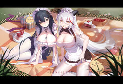  2girls absurdly_long_hair absurdres aegir_(azur_lane) aegir_(iron_blood&#039;s_dragon_maid)_(azur_lane) alcohol apple apron arm_garter artist_name azur_lane banana between_breasts bingjilin black_hair black_horns black_skirt box breastless_clothes breasts brown_dress brown_skirt cake cake_slice choker cleavage day demon_horns dress food foot_out_of_frame frilled_choker frilled_dress frills fruit garter_straps gift gift_box hair_between_eyes highres horns indomitable_(azur_lane) indomitable_(ms._motivationless_maid)_(azur_lane) large_breasts long_hair looking_at_viewer maid_headdress manjuu_(azur_lane) miniskirt multicolored_hair multiple_girls o_o official_alternate_costume outdoors pantyhose pleated_skirt red_hair skirt sleeveless sleeveless_dress thighhighs two-tone_hair very_long_hair white_apron white_garter_straps white_hair white_pantyhose white_thighhighs wine yellow_eyes 