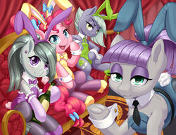  2020 bunny_costume clothed clothed_feral clothing costume cutie_mark digital_media_(artwork) dstears ear_piercing earth_pony equid equine eyelashes eyeshadow fake_ears fake_rabbit_ears female feral friendship_is_magic furniture green_eyes grey_hair group hair half-closed_eyes hasbro hi_res hooves horse limestone_pie_(mlp) looking_at_viewer makeup mammal marble_pie_(mlp) maud_pie_(mlp) my_little_pony narrowed_eyes open_mouth open_smile piercing pink_hair pinkie_pie_(mlp) pony purple_eyes purple_eyeshadow purple_hair sibling_(lore) sister_(lore) sisters_(lore) sitting smile sofa 