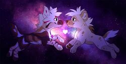  2022 4_toes ambiguous_gender brown_body brown_fur brown_hyena brown_nose brown_pawpads cosmic_background digital_drawing_(artwork) digital_media_(artwork) duo febzhyena_(kitchiki) feet feral fur hair heart_symbol hyena june_(prismpaws) kitchiki mammal pawpads paws red_body red_fur red_nose romantic romantic_couple shaded smile spotted_hyena tan_body tan_fur toes white_body white_fur white_hair 