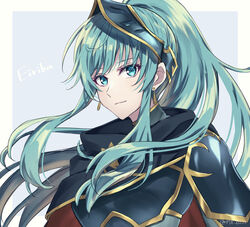  alternate_costume alternate_hairstyle aqua_eyes aqua_hair armor bad_id bad_twitter_id breastplate cape character_name closed_mouth commentary cosplay earrings eirika_(fire_emblem) eirika_(pledged_restorer)_(fire_emblem) ephraim_(fire_emblem) ephraim_(fire_emblem)_(cosplay) female fire_emblem fire_emblem:_the_sacred_stones fire_emblem_heroes floating_hair hair_ornament high_ponytail highres jewelry long_hair looking_at_viewer official_alternate_costume ponytail shinae shoulder_armor sidelocks smile solo twitter_username upper_body very_long_hair 