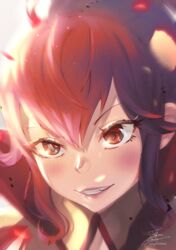  anna_(fire_emblem) blush commentary_request english_commentary fadingz female fire_emblem fire_emblem_awakening grin highres mixed-language_commentary pixiv_id popped_collar portrait red_eyes red_hair sidelocks signature smile solo teeth 