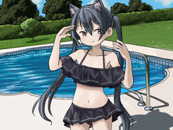  animal_ears bikini blue_archive cat_ears commentary cowboy_shot english_commentary extra_ears eyes_visible_through_hair female frilled_bikini frills grass long_hair miniskirt navel official_alternate_costume outdoors pool serika_(blue_archive) serika_(swimsuit)_(blue_archive) sixten skirt smile solo stomach swimsuit tree twintails very_long_hair 