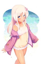  absurdres bangs bare_shoulders bikini blue_eyes blush bow breasts closed_mouth commentary_request eyebrows_visible_through_hair female groin hair_between_eyes hair_ornament hairbow highres jacket kantai_collection long_hair long_sleeves looking_at_viewer moose_(moosemitchell2) navel off_shoulder one-piece_tan ro-500_(kantai_collection) simple_background small_breasts smile solo stomach swimsuit swimsuit_under_clothes tan tanline white_background 