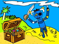  ambiguous_gender anthro blue_body clothing cutlass e621 esix eye_patch eyewear gem happy hat headgear headwear mascot melee_weapon pegleg pirate pirate_hat sky solo star_eyes sword testdog1 treasure treasure_chest weapon 