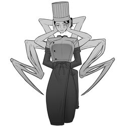  absurdres apron arthropod_limbs blood blood_from_eyes blood_from_mouth chainsaw_man chef chef_hat disembodied_head extra_arms falling_devil_(chainsaw_man) female flat_top_chef_hat gale_bar greyscale hat highres holding_head long_arms monochrome nosebleed severed_head simple_background solo waist_apron white_background 