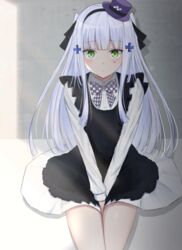  blush female girls&#039;_frontline green_eyes hk416_(black_kitty&#039;s_gift)_(girls&#039;_frontline) hk416_(girls&#039;_frontline) iris37337 long_hair official_alternate_costume sitting solo teardrop_tattoo two_side_up very_long_hair white_hair 