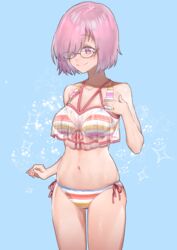  absurdres bare_shoulders bikini blush breasts cleavage collarbone fate/grand_order fate_(series) female glasses hair_over_one_eye highres jun_(nad-j) large_breasts light_purple_hair looking_at_viewer mash_kyrielight mash_kyrielight_(swimsuit_of_perpetual_summer_ver.02) multicolored_bikini multicolored_clothes navel official_alternate_costume purple_eyes rainbow_bikini see-through short_hair smile solo striped_bikini striped_clothes swimsuit thighs 