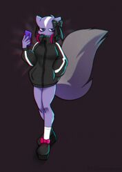  2023 accessory aggretsuko anthro black_clothing black_hoodie black_topwear bottomless bottomless_anthro bottomless_female clothed clothing covered_mouth diaminerre digital_drawing_(artwork) digital_media_(artwork) electronics female full-length_portrait fur green_eyes grumpy hair_accessory hair_ribbon headphones headphones_around_neck hoodie looking_at_viewer mammal mephitid nails portrait purple_body purple_fur ribbons sanrio shikabane_(aggretsuko) signature skunk solo stripes topwear watermark 