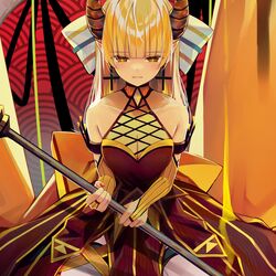  +_+ arcaea back_bow blonde_hair blush bow breasts cleavage cross cross_earrings dress earrings elbow_gloves female gloves hairbow highres holding holding_weapon horns huge_bow jewelry lethe_(arcaea) long_hair red_dress red_nails samayoi see-through solo weapon white_bow yellow_eyes yellow_gloves 