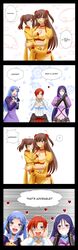  &gt;_&lt; 5girls absurdres blue_hair boudica_(fate) bram_history breasts brown_hair commission commissioner_upload earrings fate/grand_order fate/stay_night fate_(series) heart heart-shaped_pupils highres jewelry large_breasts lipstick long_hair makeup mata_hari_(fate) medea_(fate) minamoto_no_raikou_(fate) mother_and_daughter multiple_girls purple_hair red_hair short_hair smile sneezing symbol-shaped_pupils twintails 